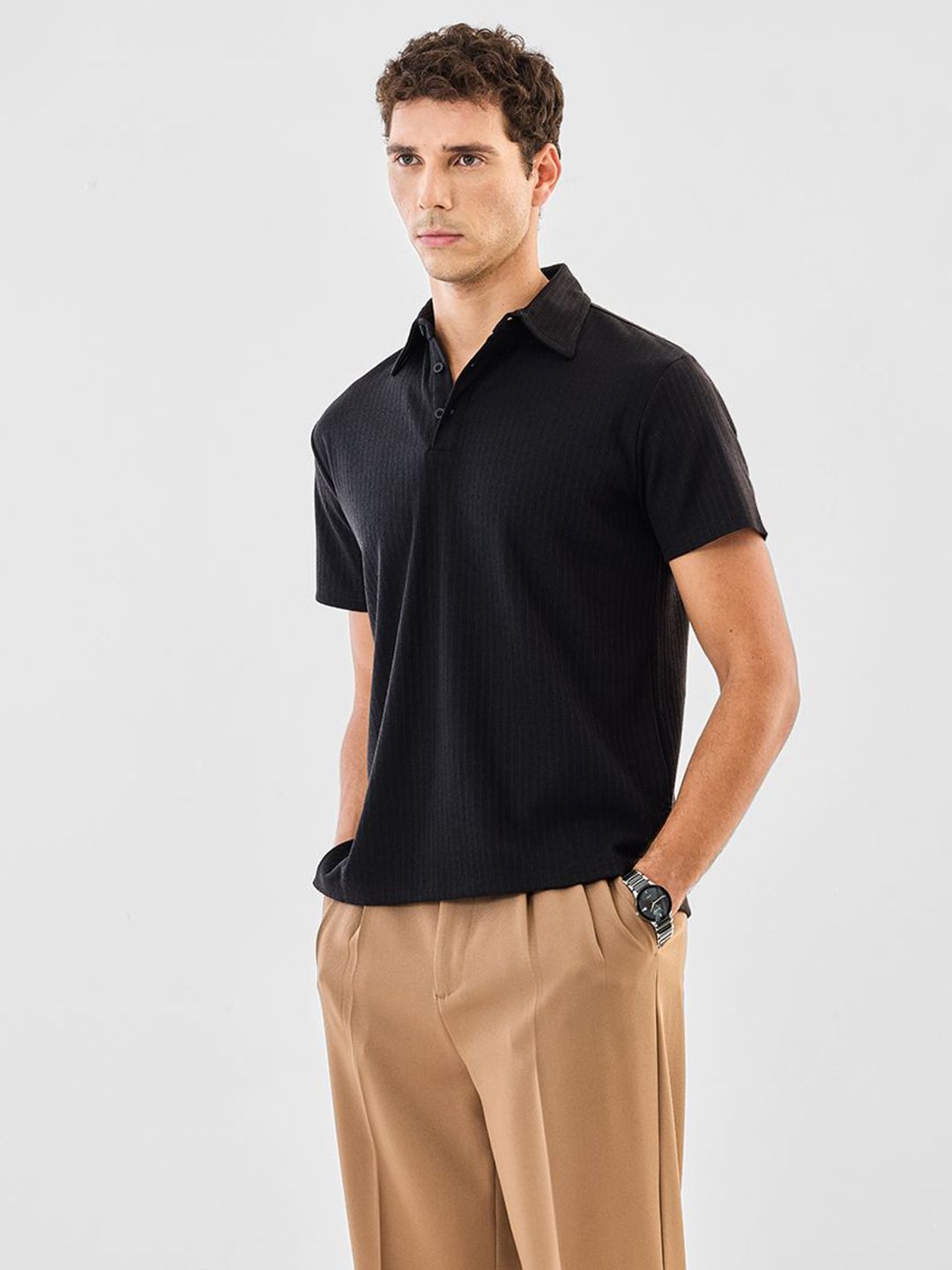 Snitch Men Self Design Polo Collar T-shirt