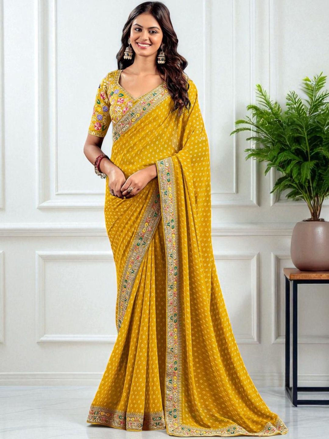 HERE&NOW Bandhani Printed Pure Georgette Bandhani Saree