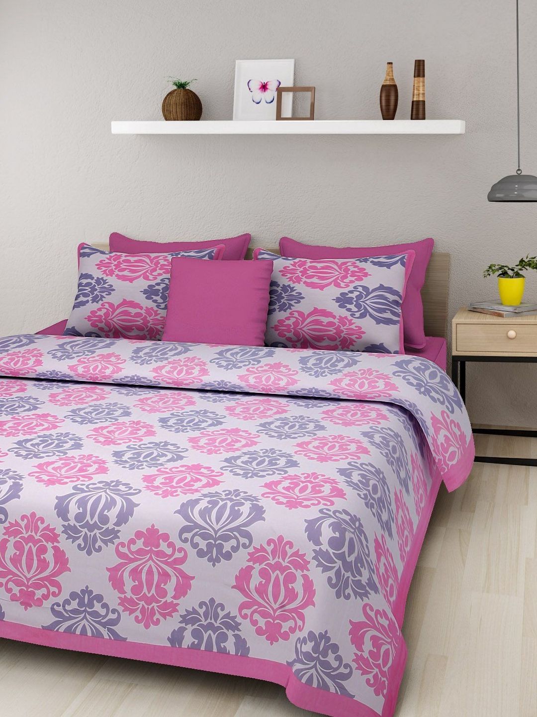 UNIBLISS White & Pink Floral 144 TC Cotton Queen Bedsheet Set 2.35m x 2.15m