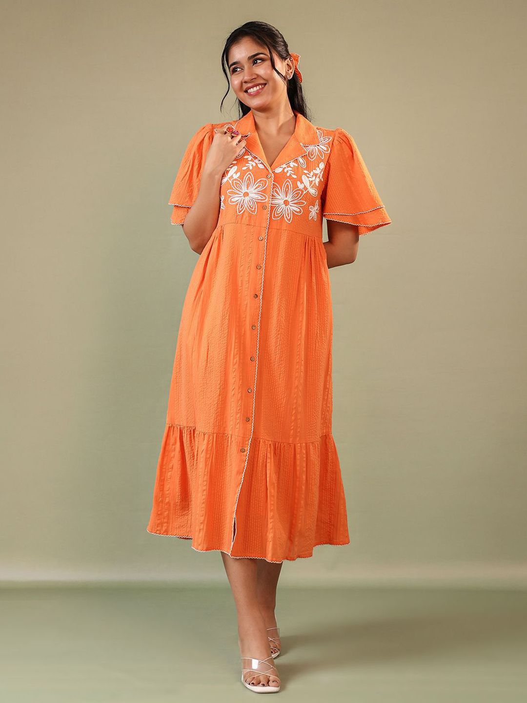 ZUMMER Floral Embroidered Cotton Shirt Midi Dress
