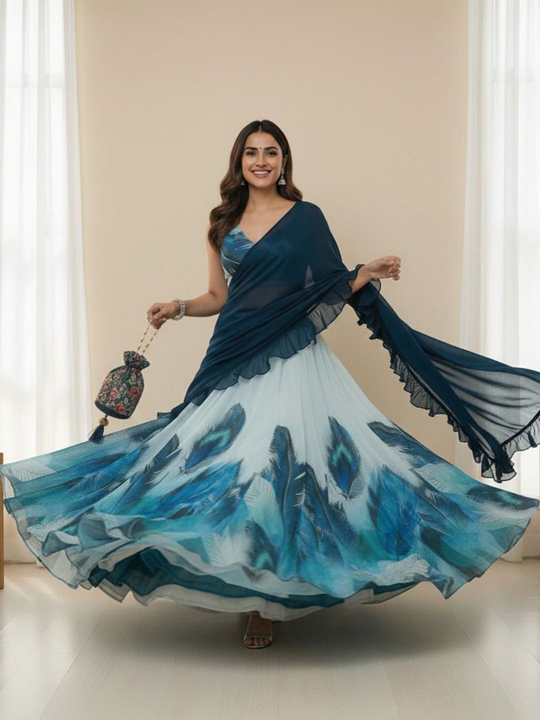 Printed Semi-Stitched Organza Lehenga & Ready to Wear Blouse With Dupatta 6