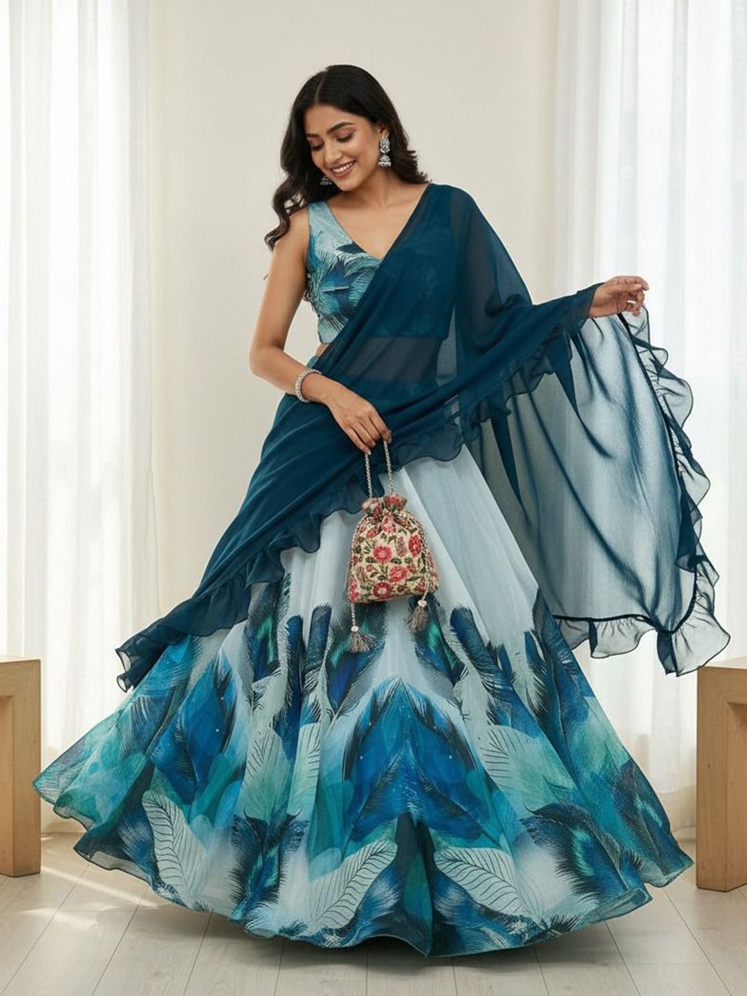 Printed Semi-Stitched Organza Lehenga & Ready to Wear Blouse With Dupatta 5
