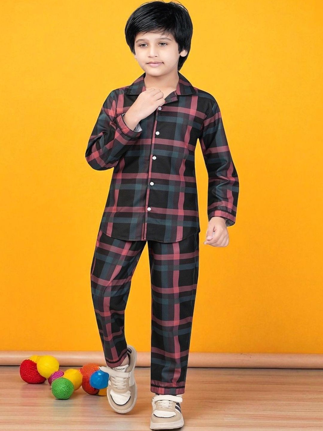 Club96 Boys Red & Black Checked Night Suit