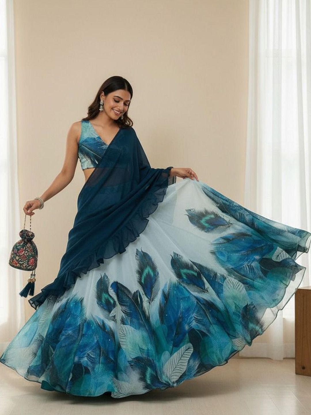Printed Semi-Stitched Organza Lehenga & Ready to Wear Blouse With Dupatta 7