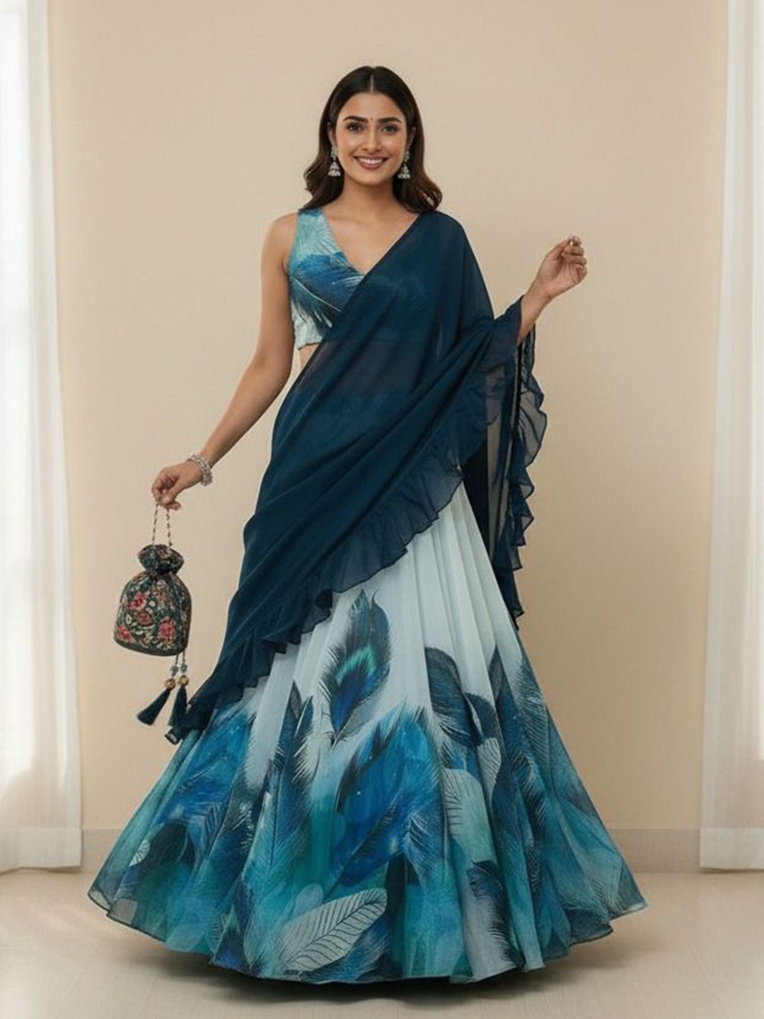 Printed Semi-Stitched Organza Lehenga & Ready to Wear Blouse With Dupatta 4