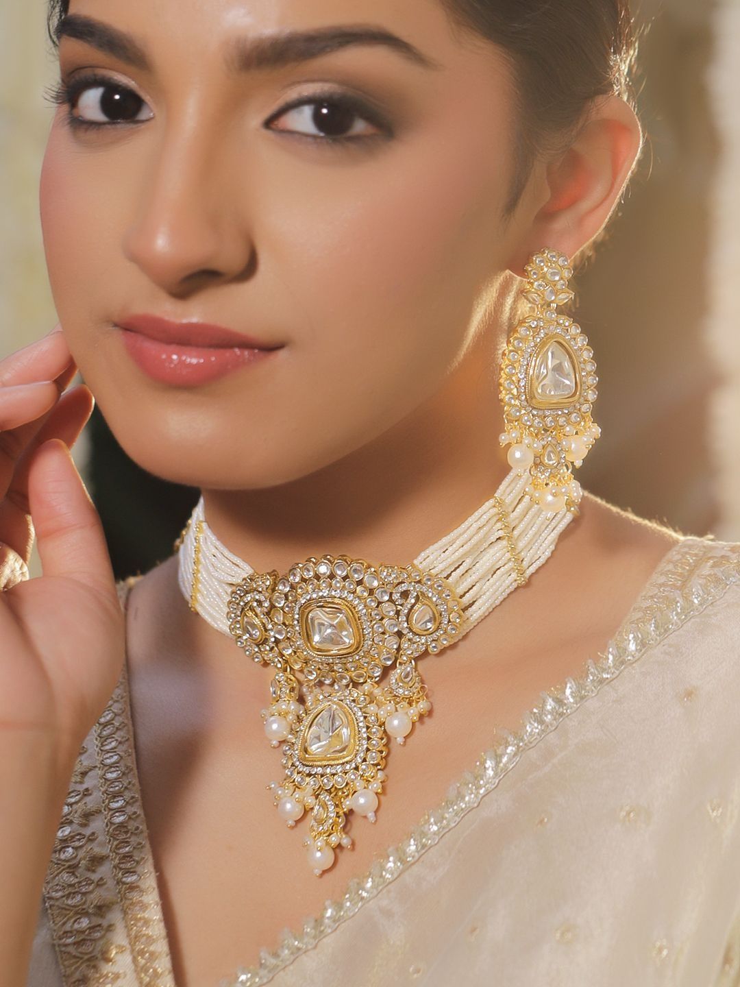 Rubans 22K Gold-Plated Kundan CZ-Studded & Beaded Jewellery Set