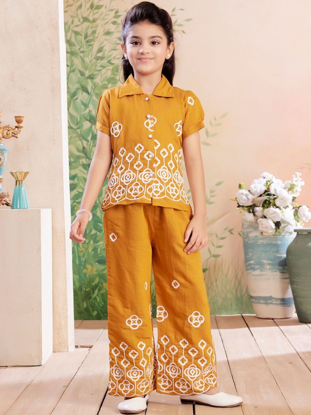 Muhuratam Kids Girls Mustard Embroidered Shirt With Palazzos Clothing Set