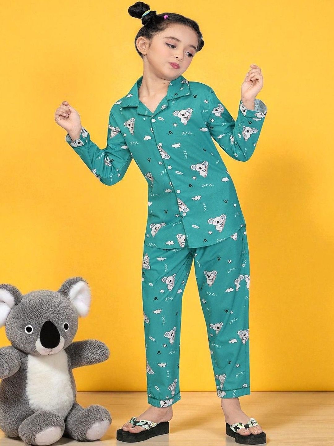 Club96 Girls Printed Cotton Blend Shirt Collar Comfortable Night suit