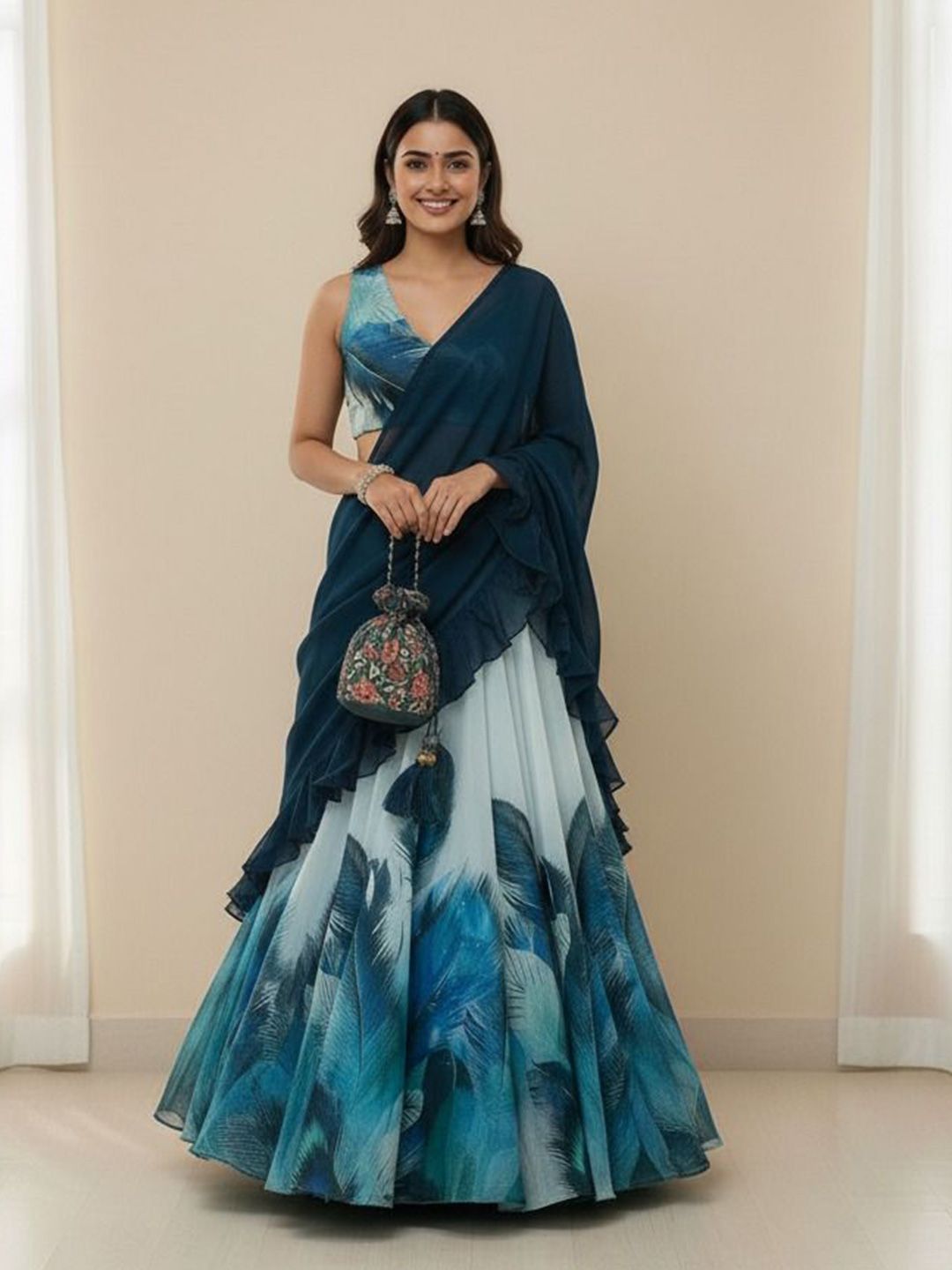 Printed Semi-Stitched Organza Lehenga & Ready to Wear Blouse With Dupatta