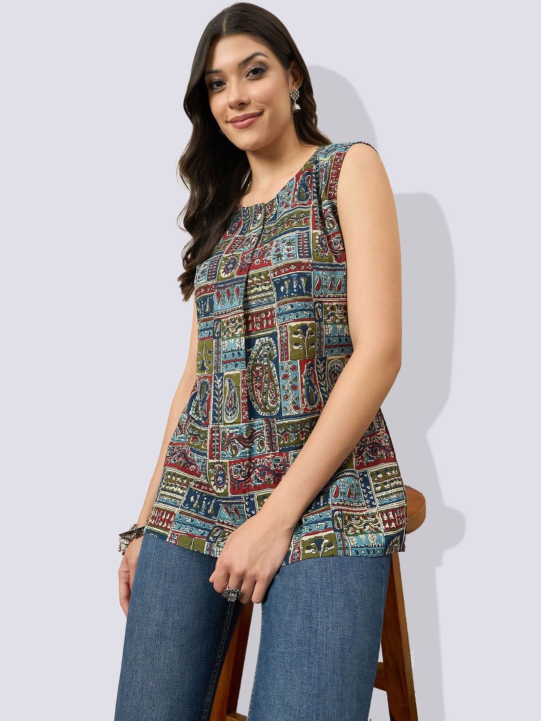 VANSIRI Women Printed Sleeveless Cotton Top