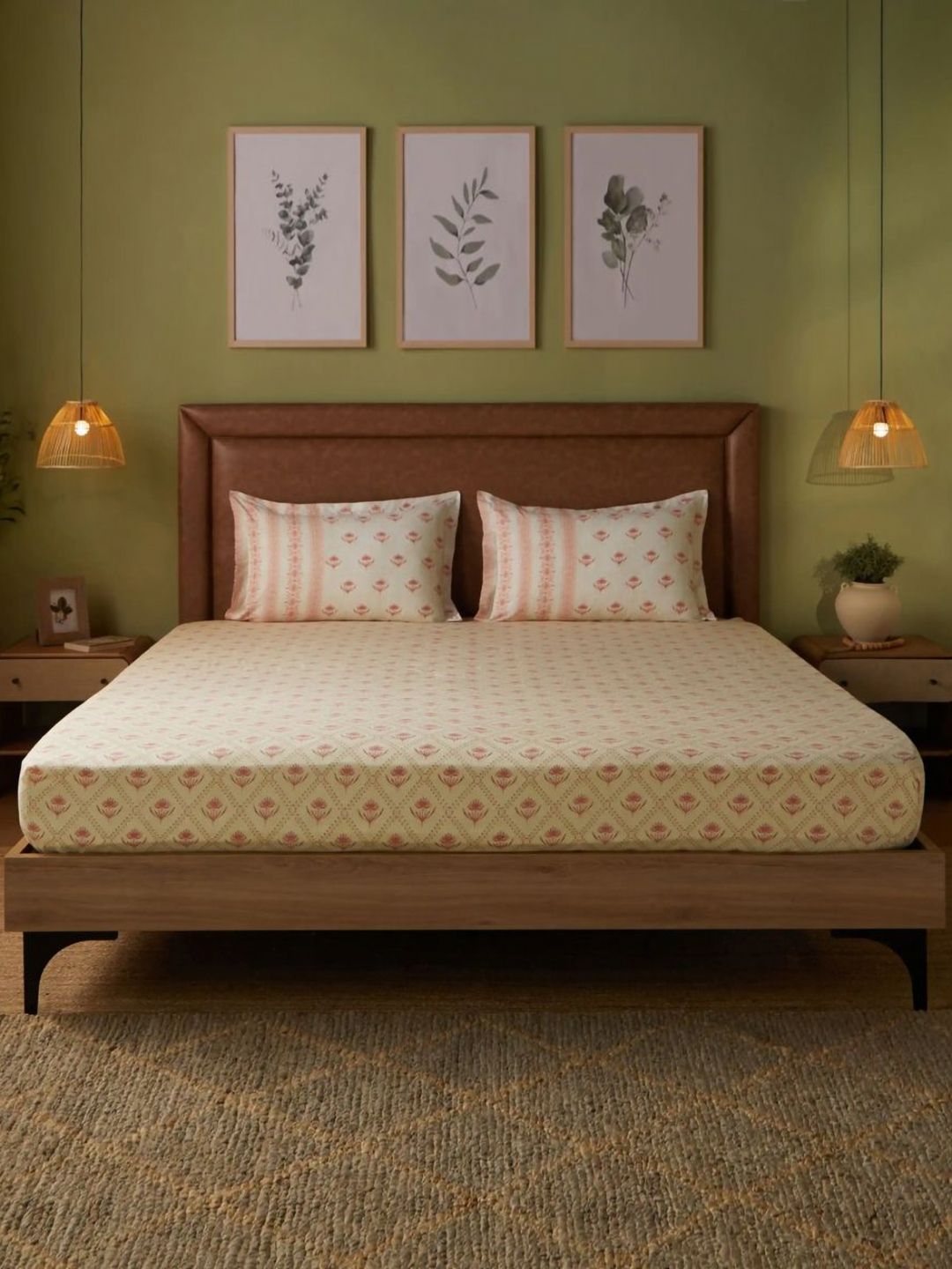 Buy LIVSPACE Yellow & Red Ethnic 144 TC Fitted Cotton Double King Bedsheet Set 1.98 M X 1.82 M -  - Home for Unisex