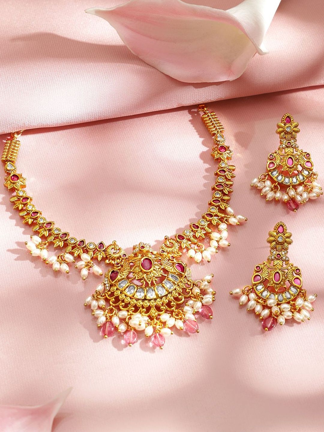 Rubans 22K Gold-Plated Ruby Pink Stone, Pearl & Pastel Pink Beaded Necklace Set