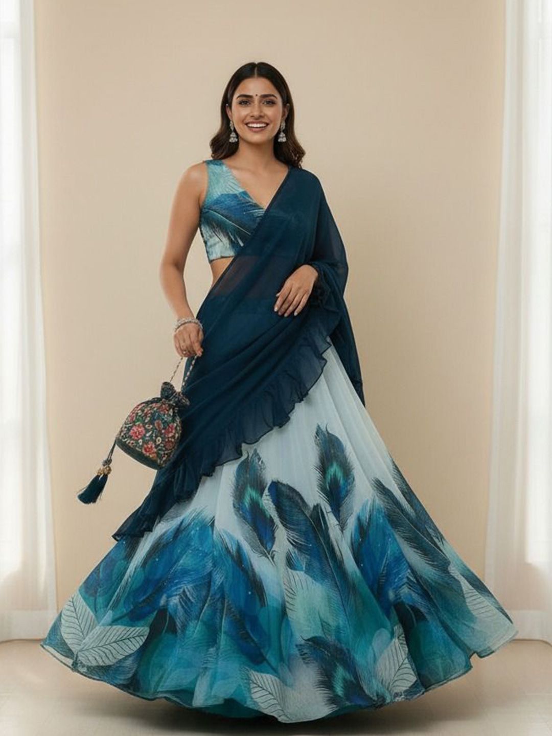 Printed Semi-Stitched Organza Lehenga & Ready to Wear Blouse With Dupatta 3
