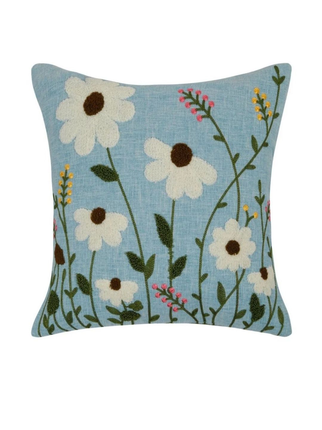 MONKDECOR Blue And White Floral Embroidered Square Cushion Cover - 12" x 12"