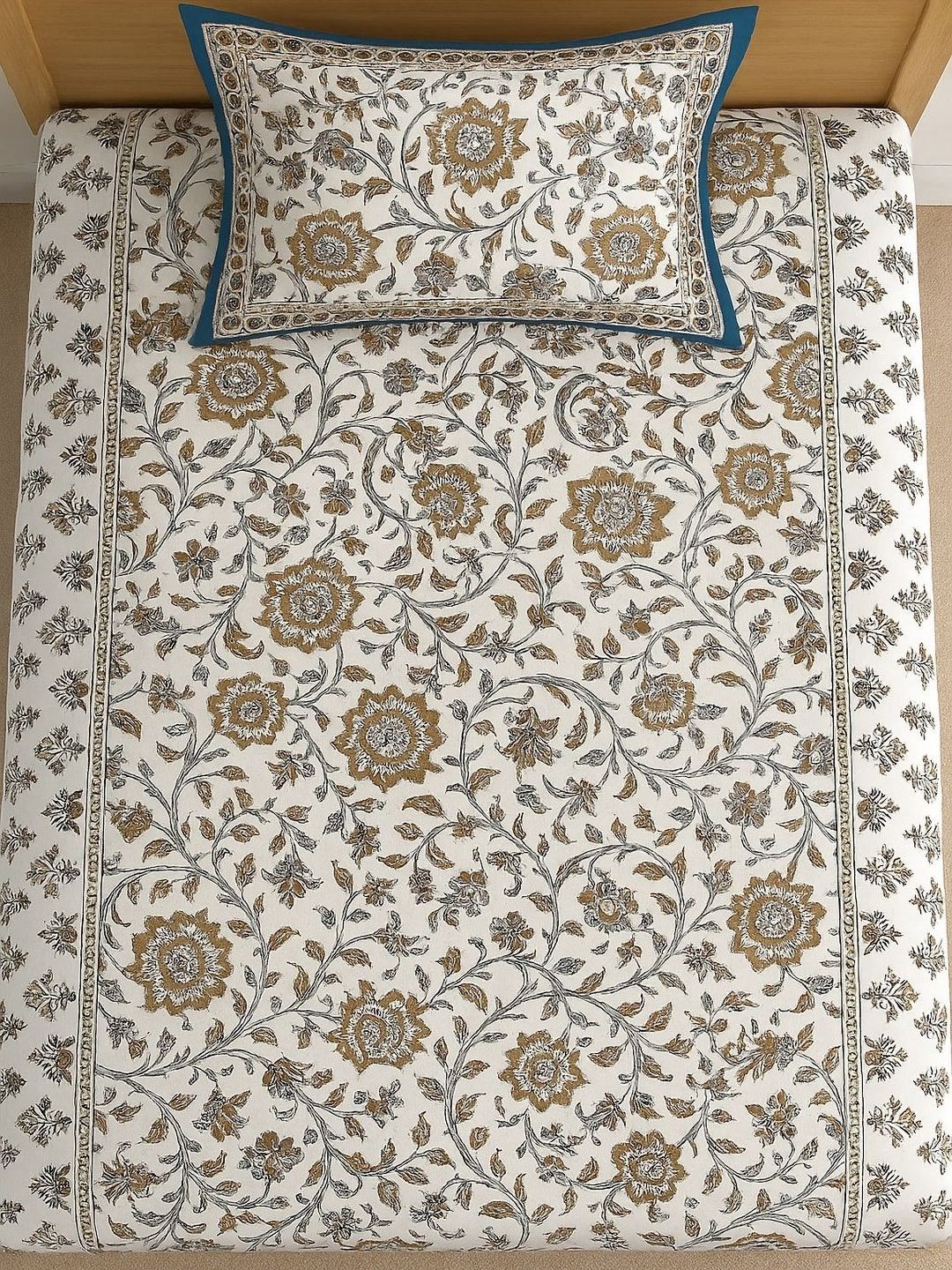 Rajasthan Decor White & Brown Printed Pure Cotton 144 TC Single Bedsheet Set 1.5 x 2.25 m