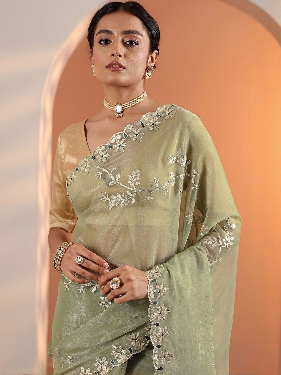 Libas Green Embellished Jimmy Choo Organza Saree With Unstitched Blouse Piece