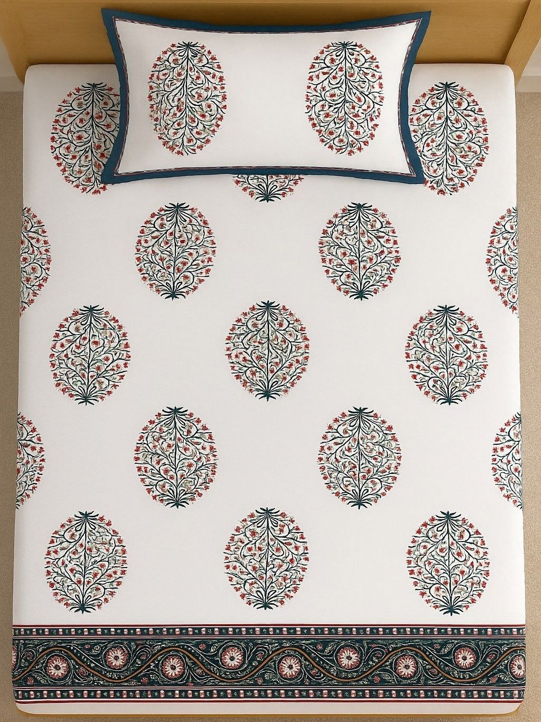Rajasthan Decor White Ethnic Motifs 144 TC Single Bedsheet Set-1.50 m x 2.25 m