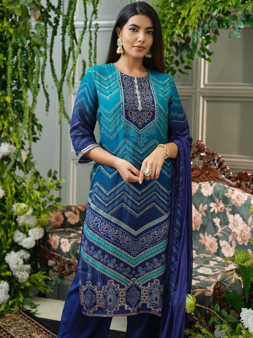Sangria Geometric Printed Thread Work Straight Kurta with Trouser & Dupatta