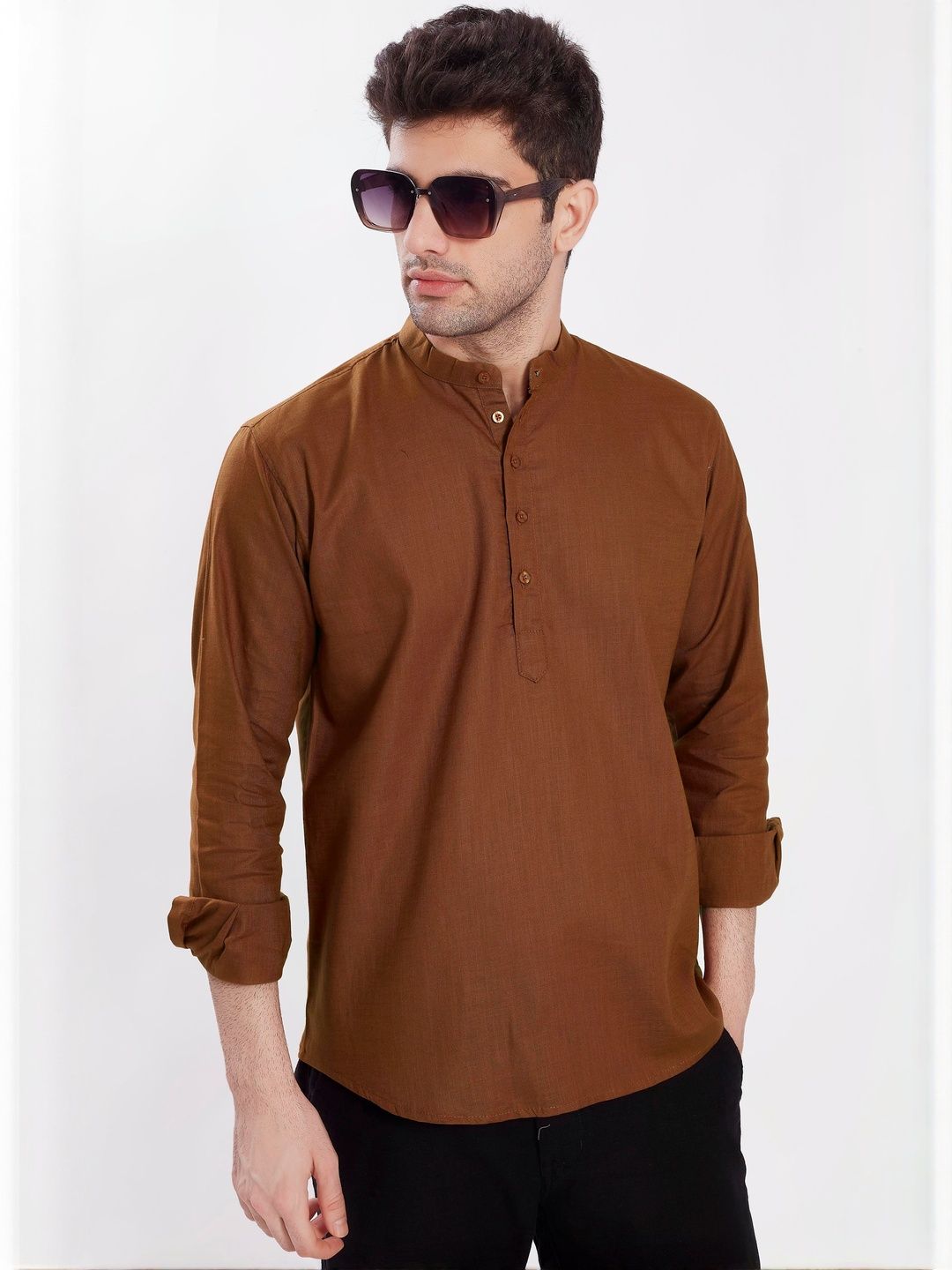 PulseIQ Mandarin Collar Slim Fit Full Sleeves Cotton Short Kurta