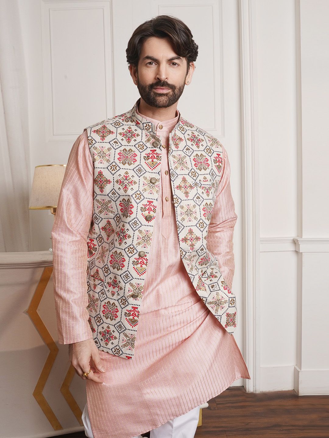 SOJANYA Men Off White Printed Cotton Linen Nehru Jacket