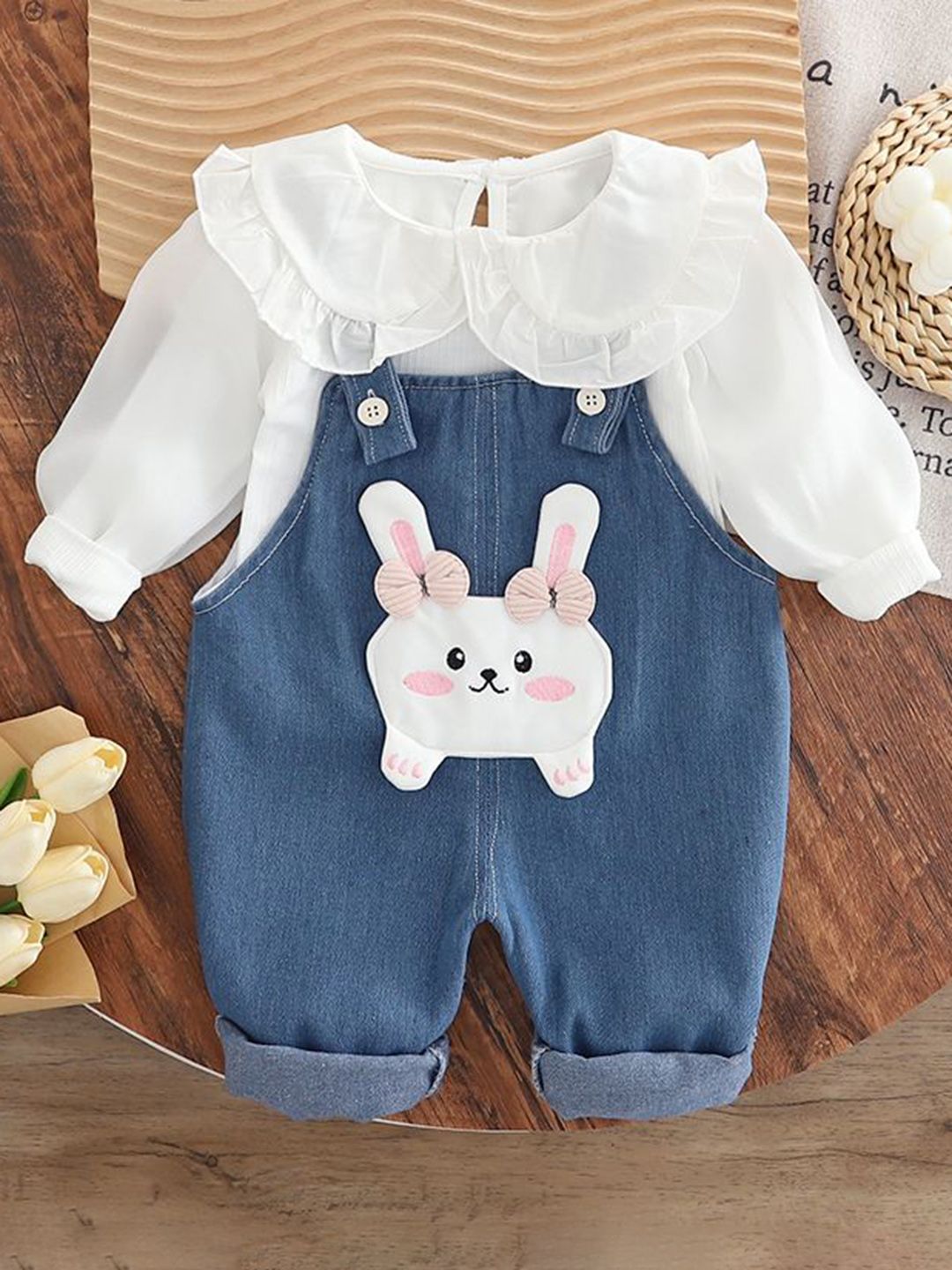 Girls Straight Leg Cotton Dungarees With T-shirt