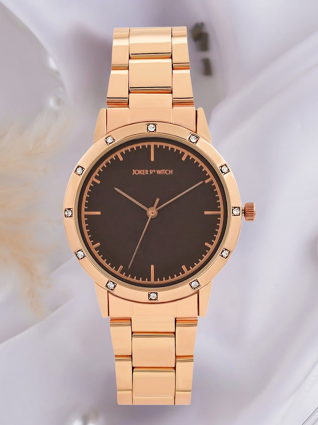 JOKER & WITCH Women Brown Dial & Rose Gold Toned Stainless Steel Bracelet Style Straps Analogue Watch
