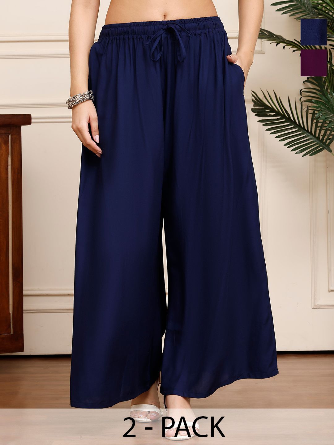 Valles365 by S.C. Women Set of 2 Flared Elasticated Regular Palazzos