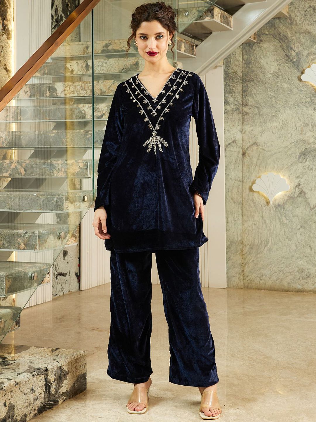 Shally Bhasin by Athena Women Embroidered V-Neck Velvet Tunic & Trouser Co-Ord Set