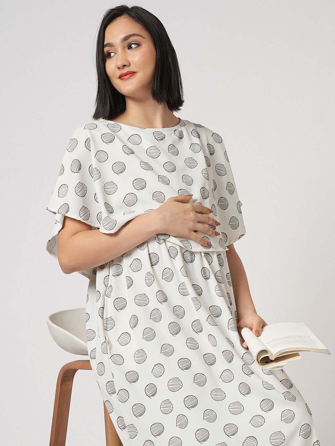 Mystere Paris Women Maternity Geometric Print Cape Sleeve Maxi Dress