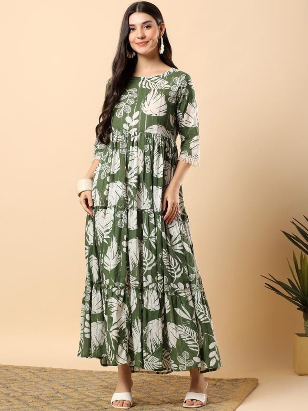 Buy Aayusika Women Floral Printed Cotton Tiered Fit Flared Maxi Dress -  - Apparel for Women