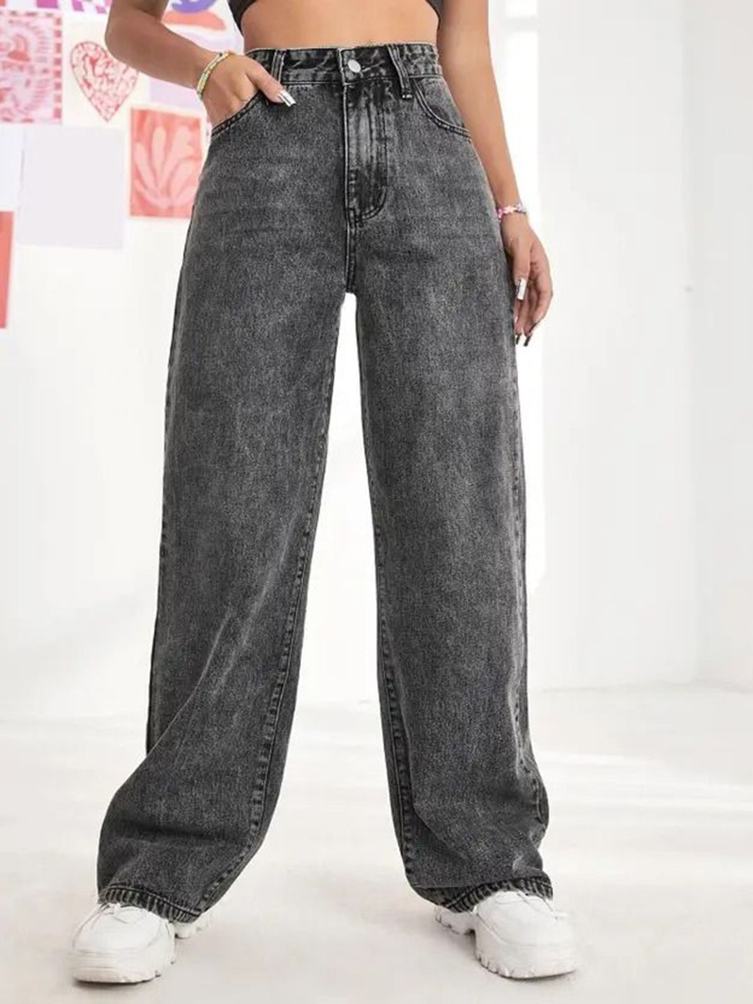 VK FASHION Women Jean Wide Leg High Waist Heavy Fade Streachable Denim Jeans