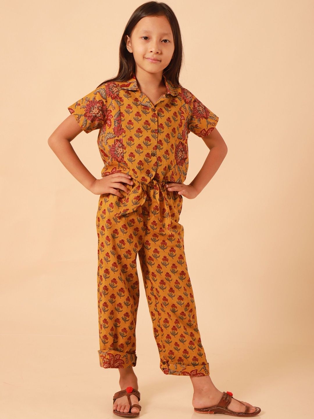 Buy Sangria Girls Floral Printed Lapel Collar Shirt With Trousers Clothing Set -  - Apparel for Girls