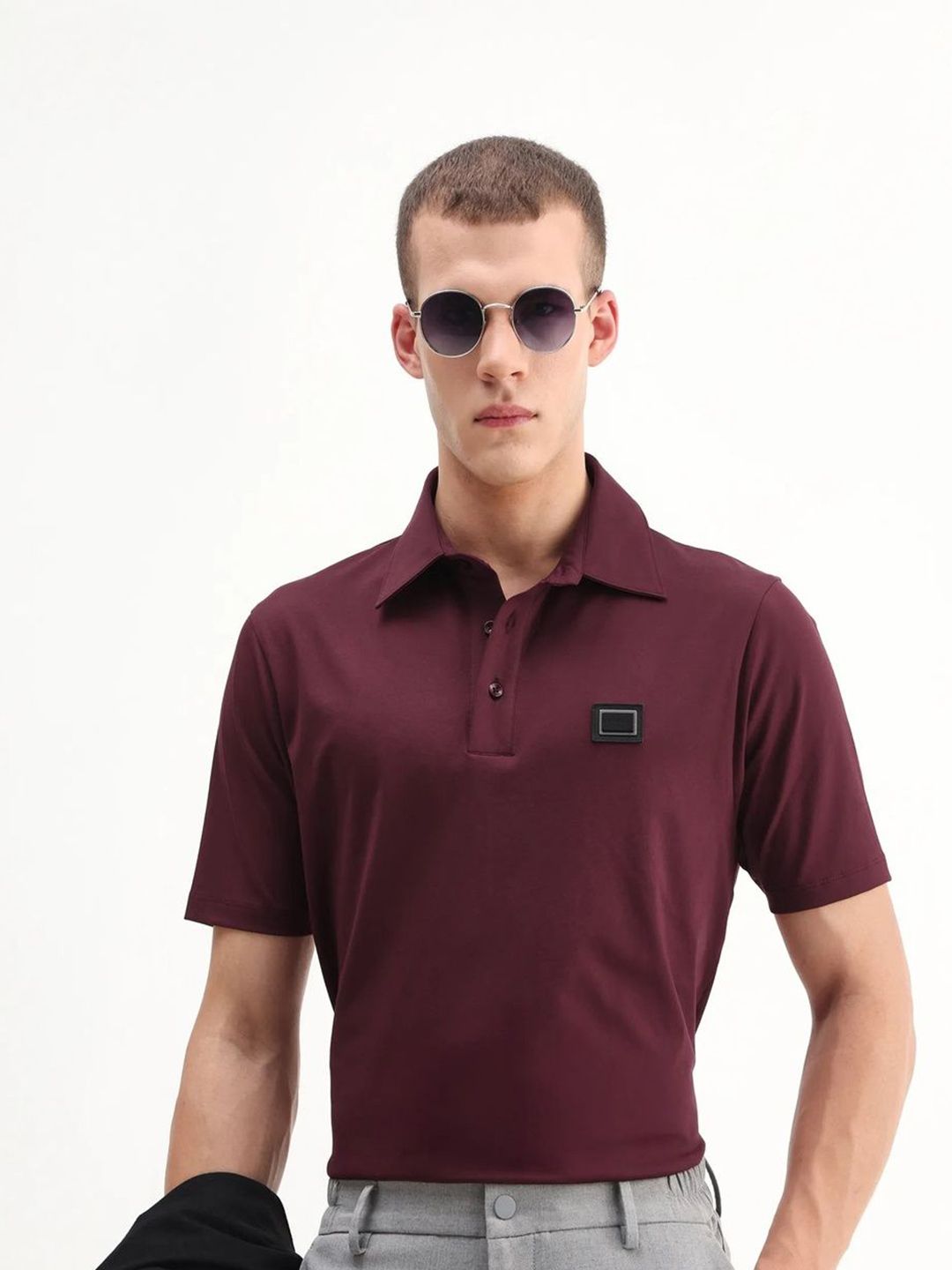 RARE RABBIT Men Plain Spread Collar Half Sleeve Cotton Blend Regular Fit Polo T-Shirt