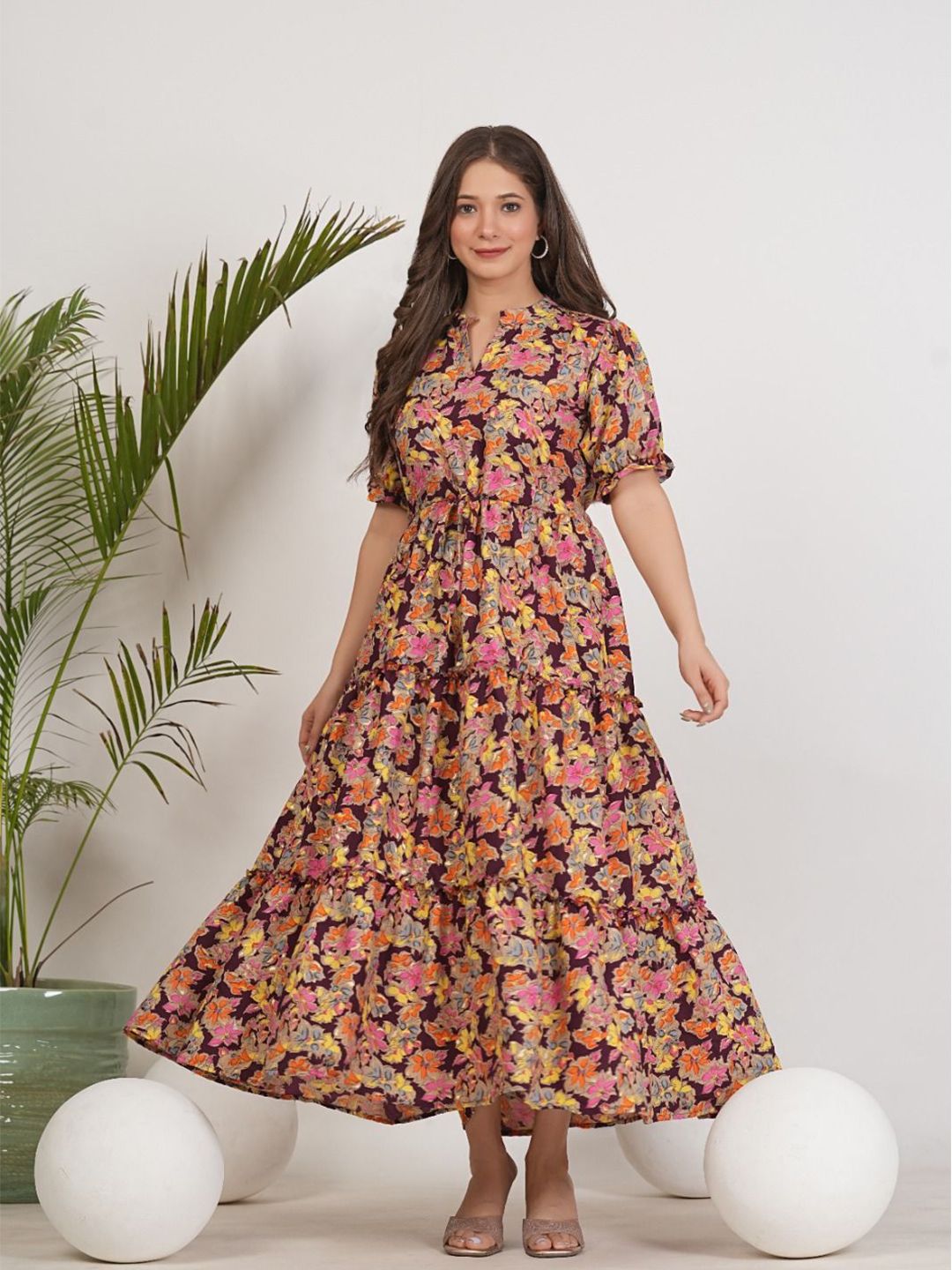 UNIBLISS Floral Printed Mandarin Collar Fit And Flare Dress