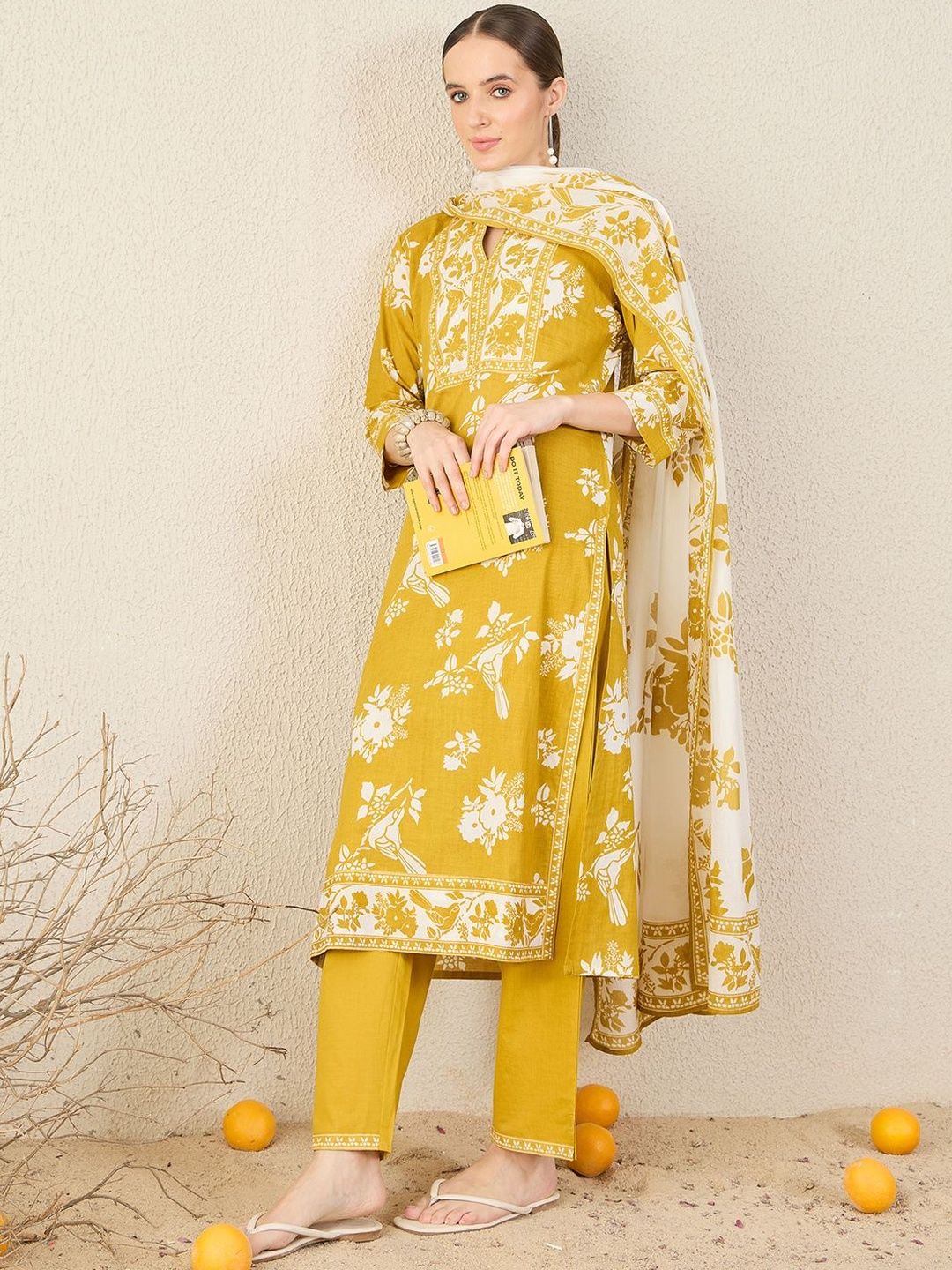 Indo Era Floral Printed Straight Pure Cotton Kurta With Trousers & Dupatta