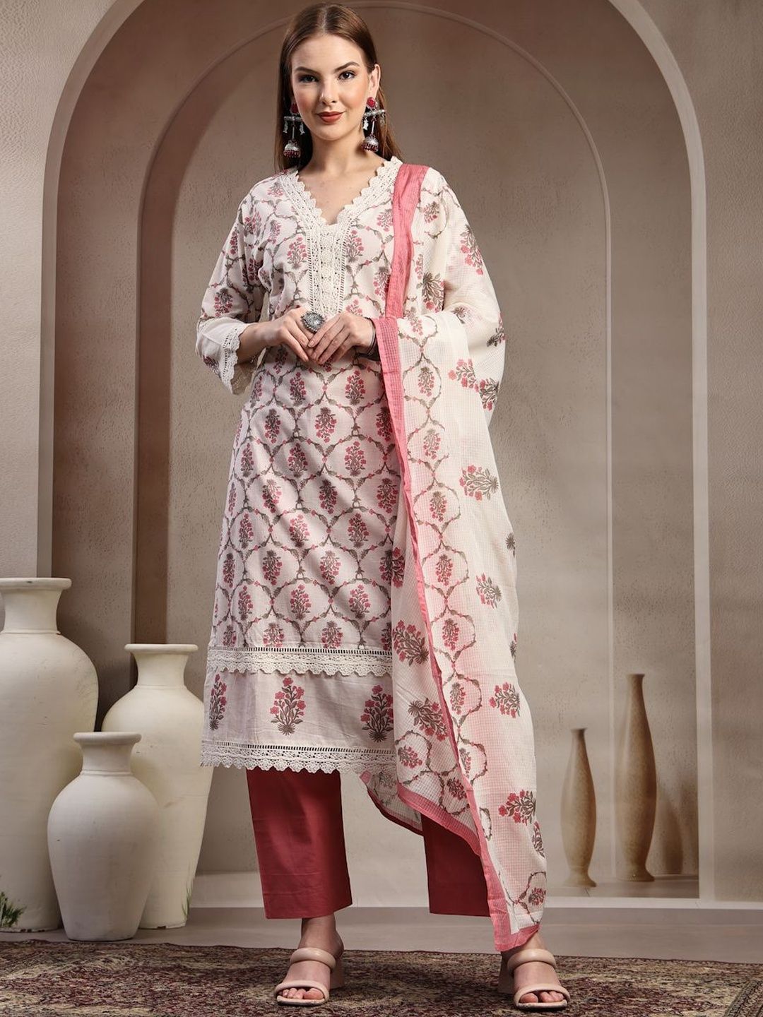 Shangri LA MS Designs Women Floral Printed Cotton Kurta with Trousers & Dupatta