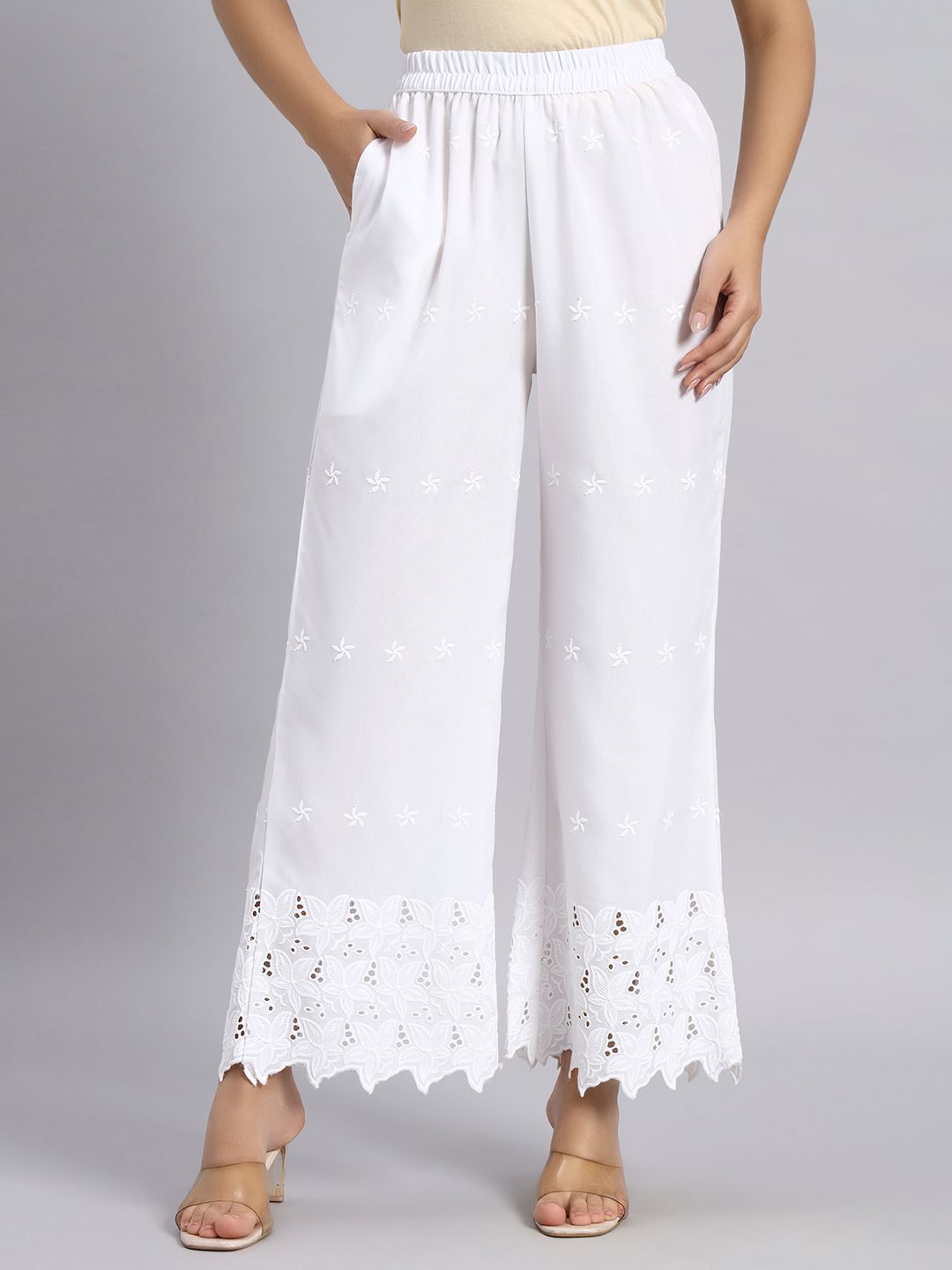 Shopping Queen Women Embroidered Wide Leg Chikankari Ethnic Palazzos