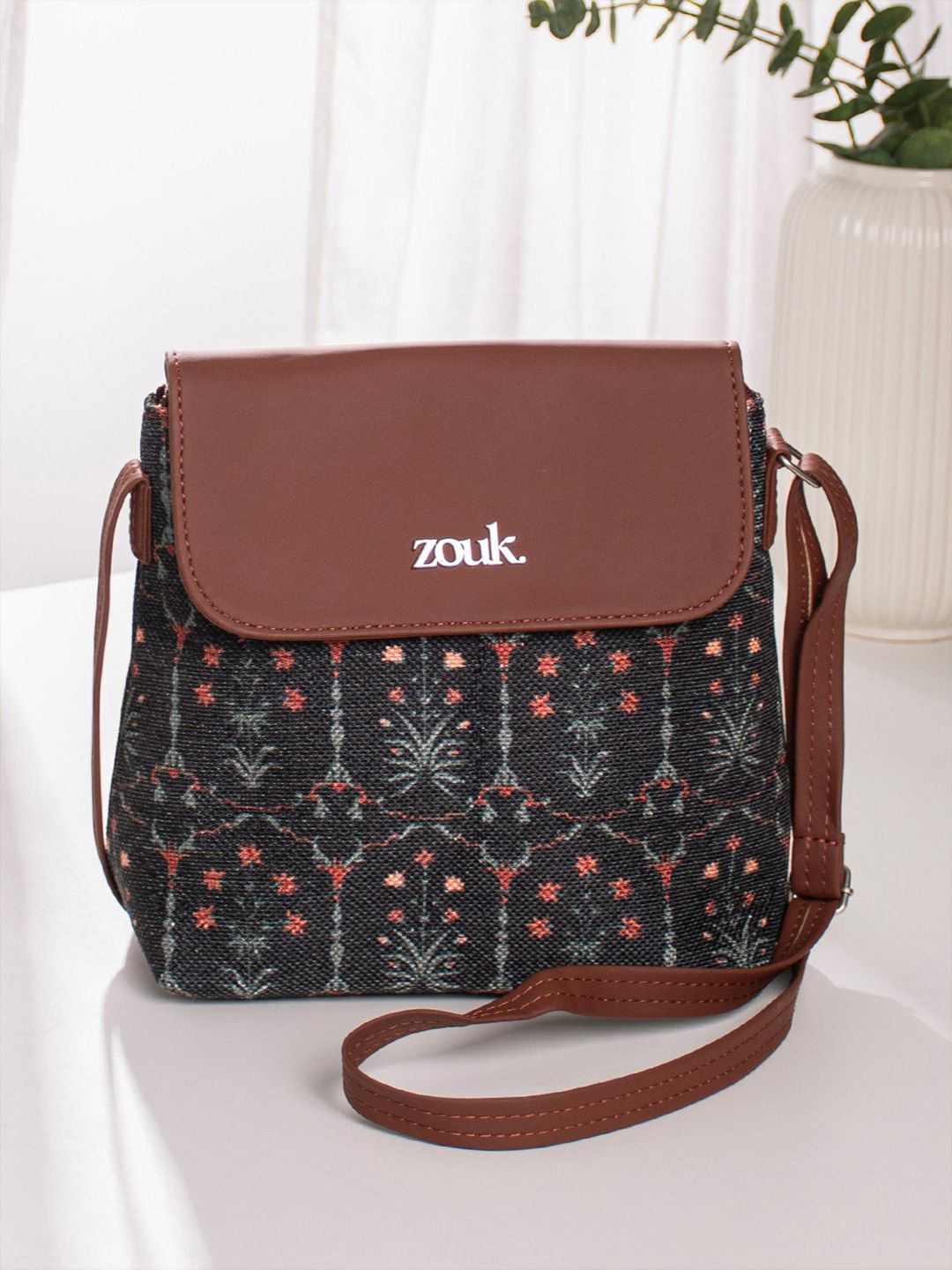 ZOUK Black Ethnic Motifs Printed Structured Sling Bag Flap Handbag