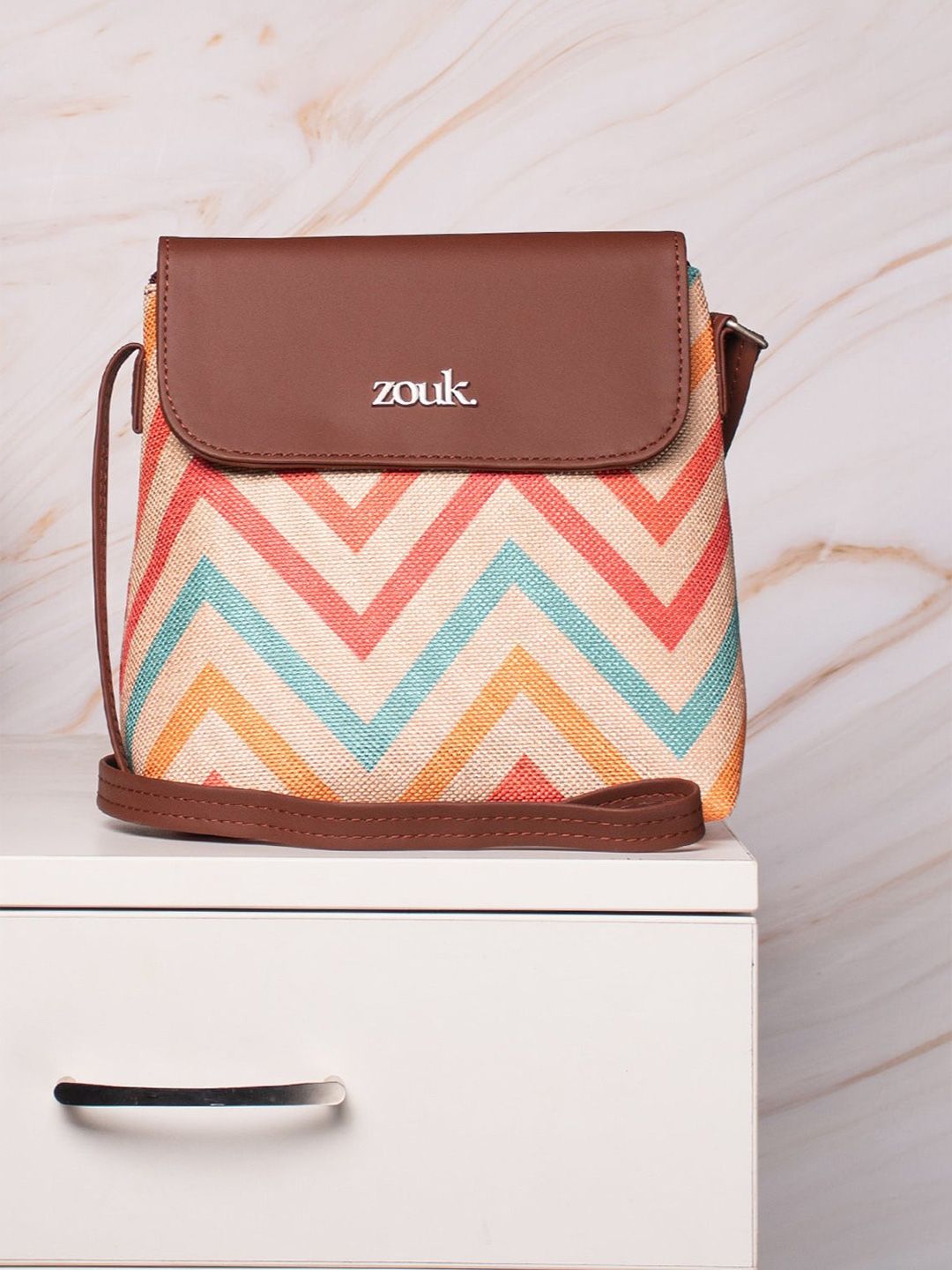 ZOUK Brown Geometric Printed Structured Sling Bag Flap Handbag