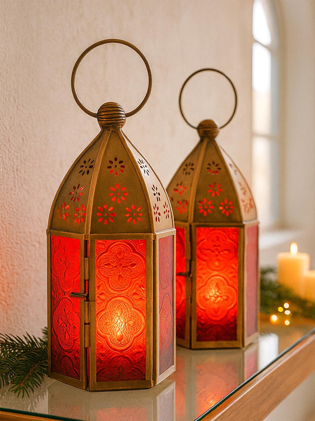 Homesake Red & Brown Table Candle Holder With Tea Lights