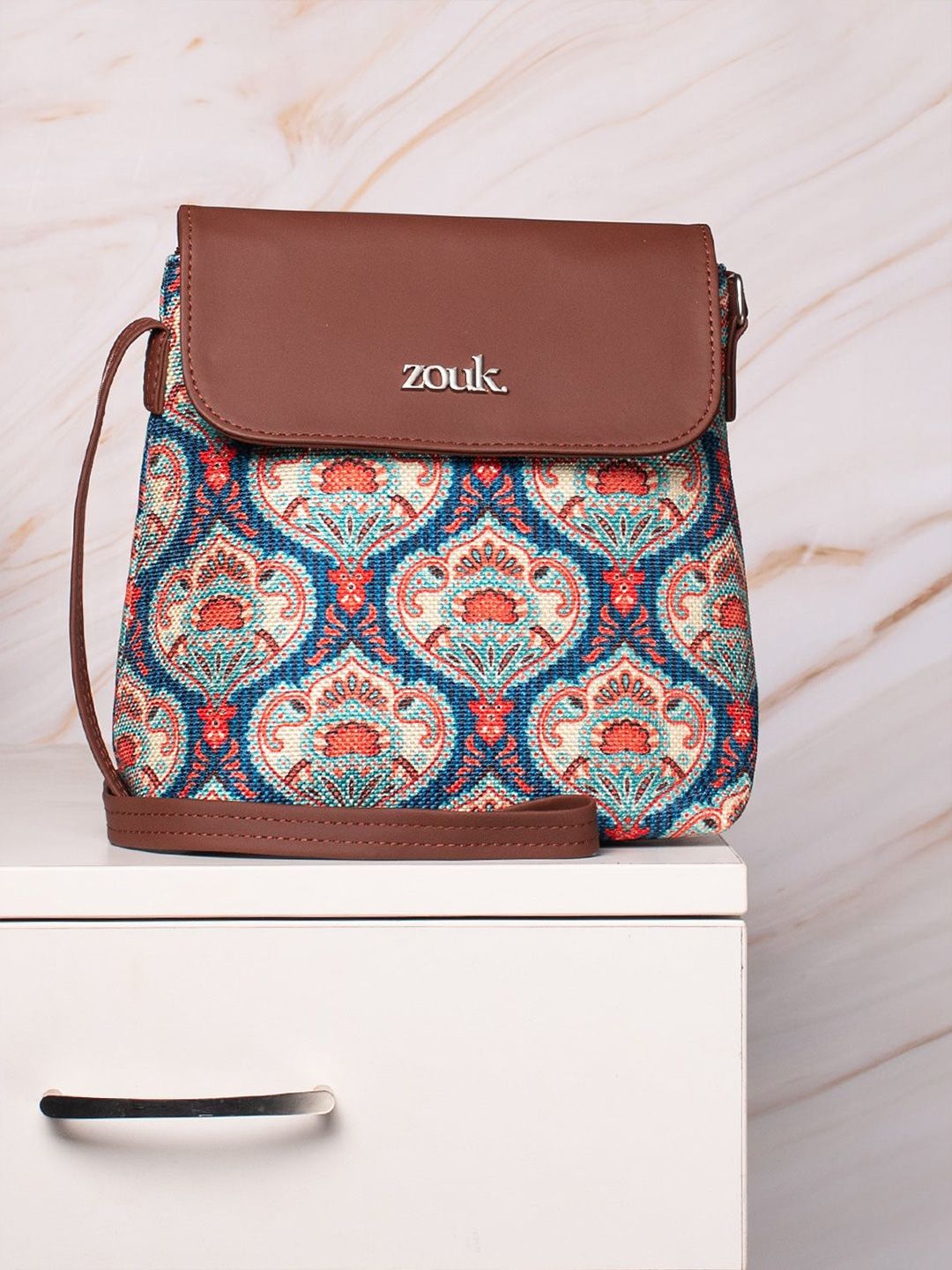 ZOUK Brown Ethnic Motifs Printed Structured Sling Bag Flap Handbag