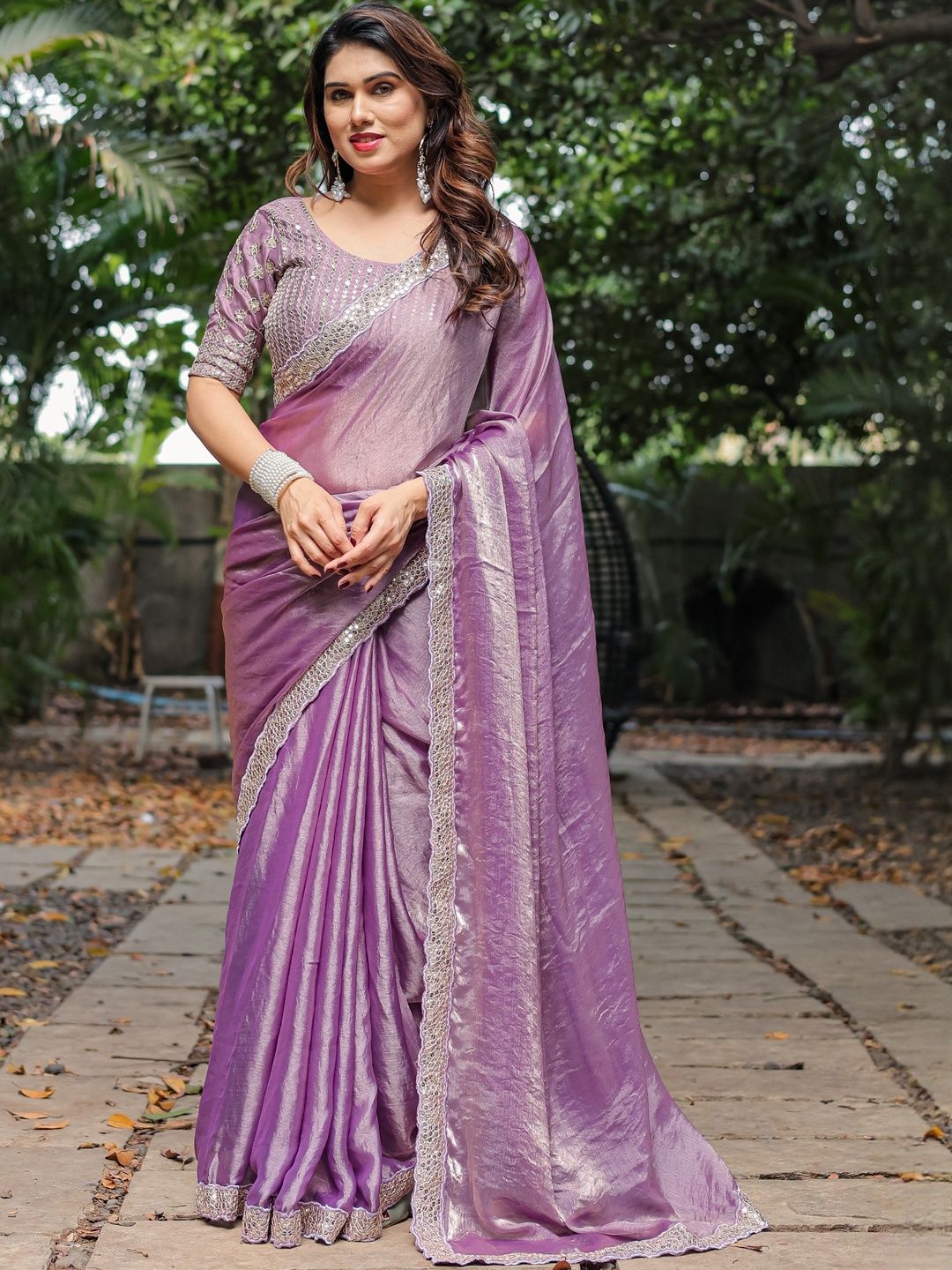 HERE&NOW Embellished Sequinned Pure Chiffon Saree With Unstiched Blouse Piece