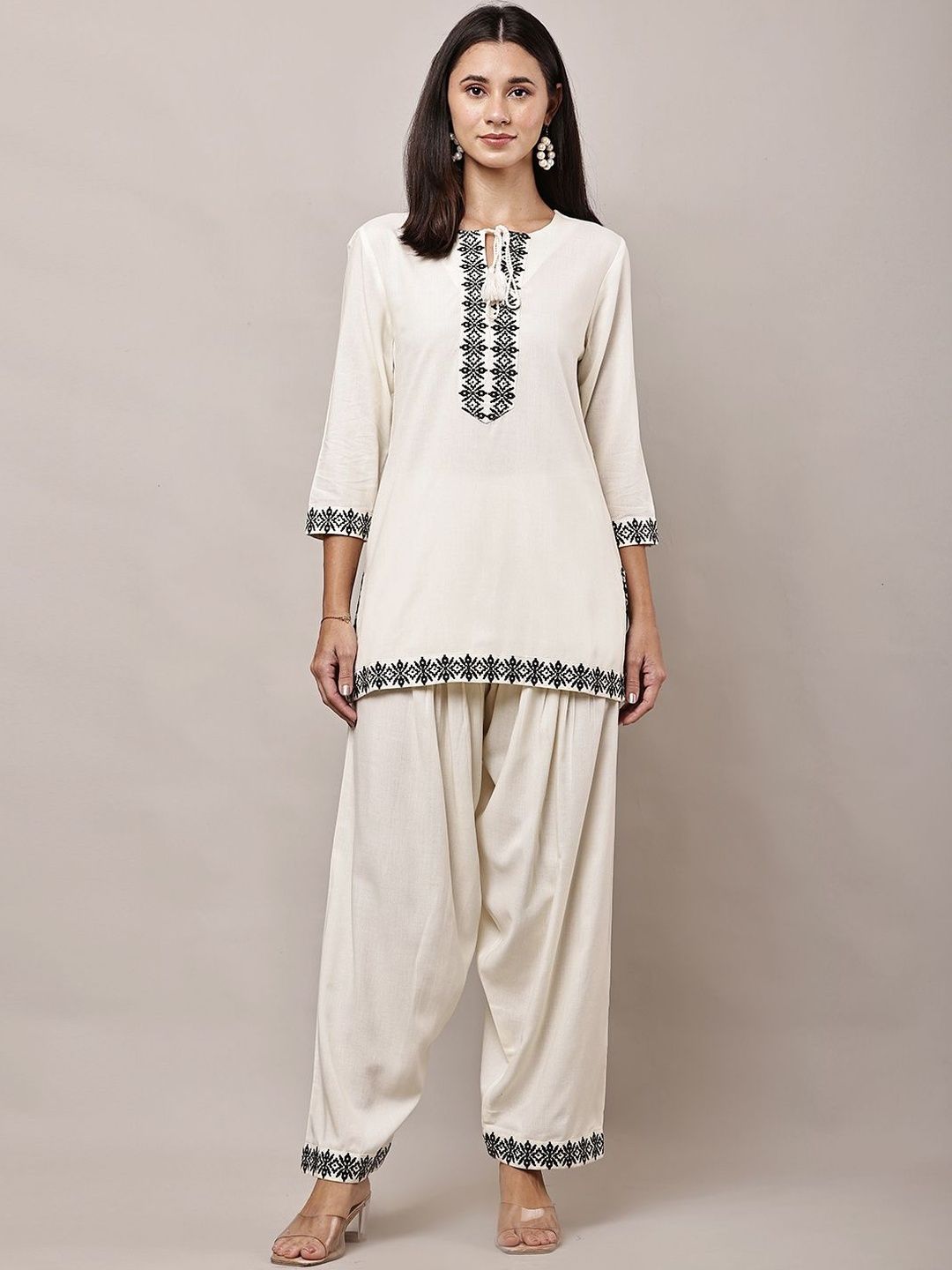 HERE&NOW Women Cream Viscose Rayon Embroidered Co-Ords