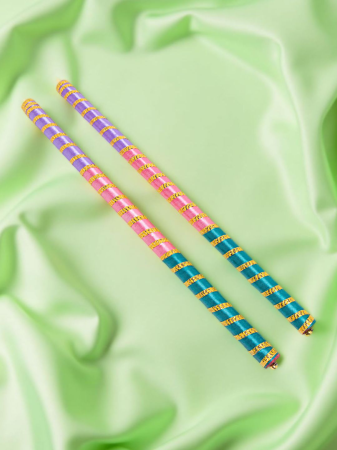 Golden Peacock Set Of 2 Dandiya Sticks With Satin Wrap