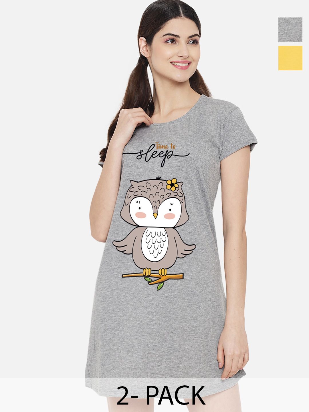 FFLIRTYGO Grey Printed Pure Cotton Above Knee T-Shirt Nightdress