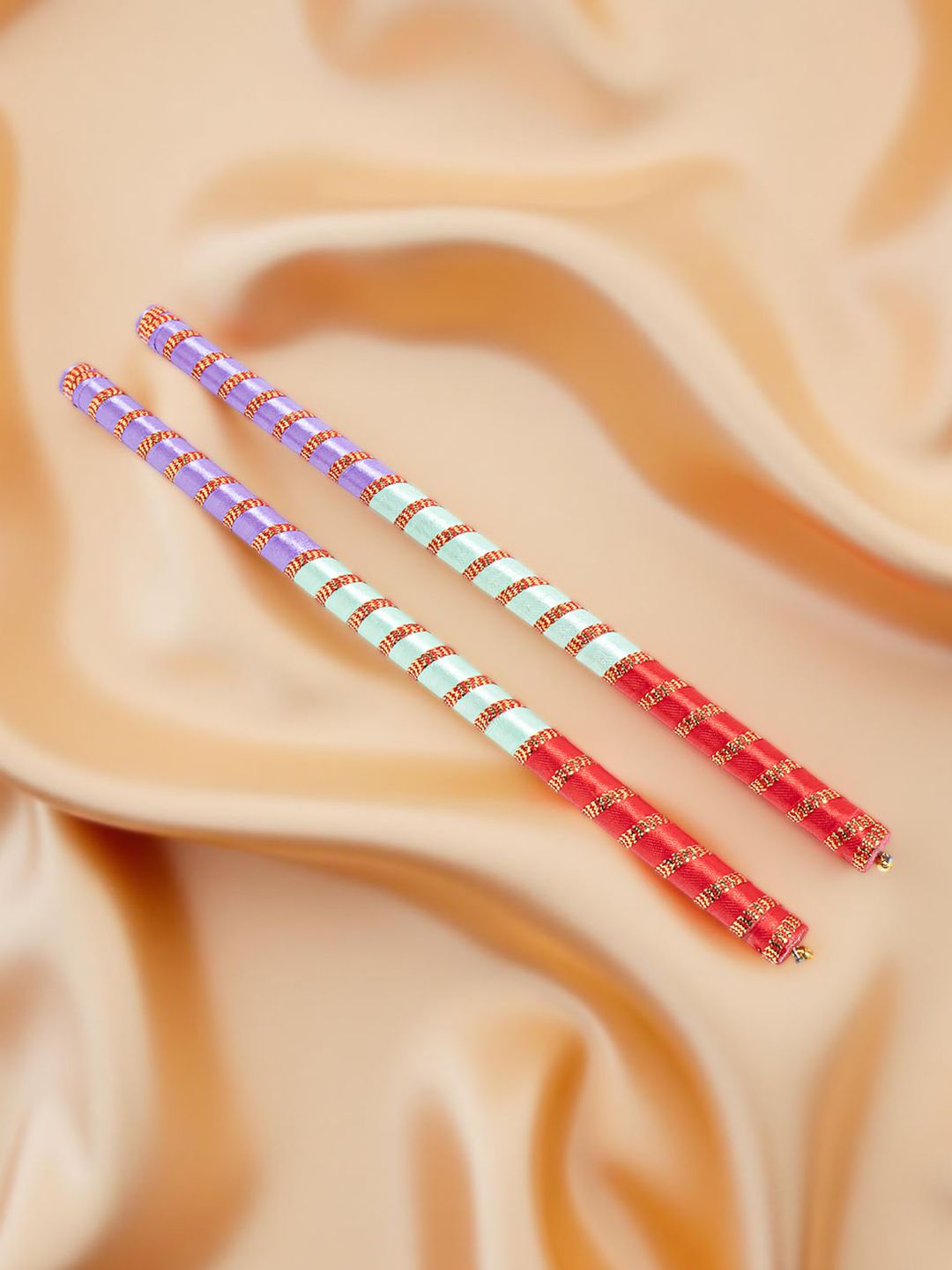 Golden Peacock Set Of 2 Dandiya Sticks With Satin Wrap