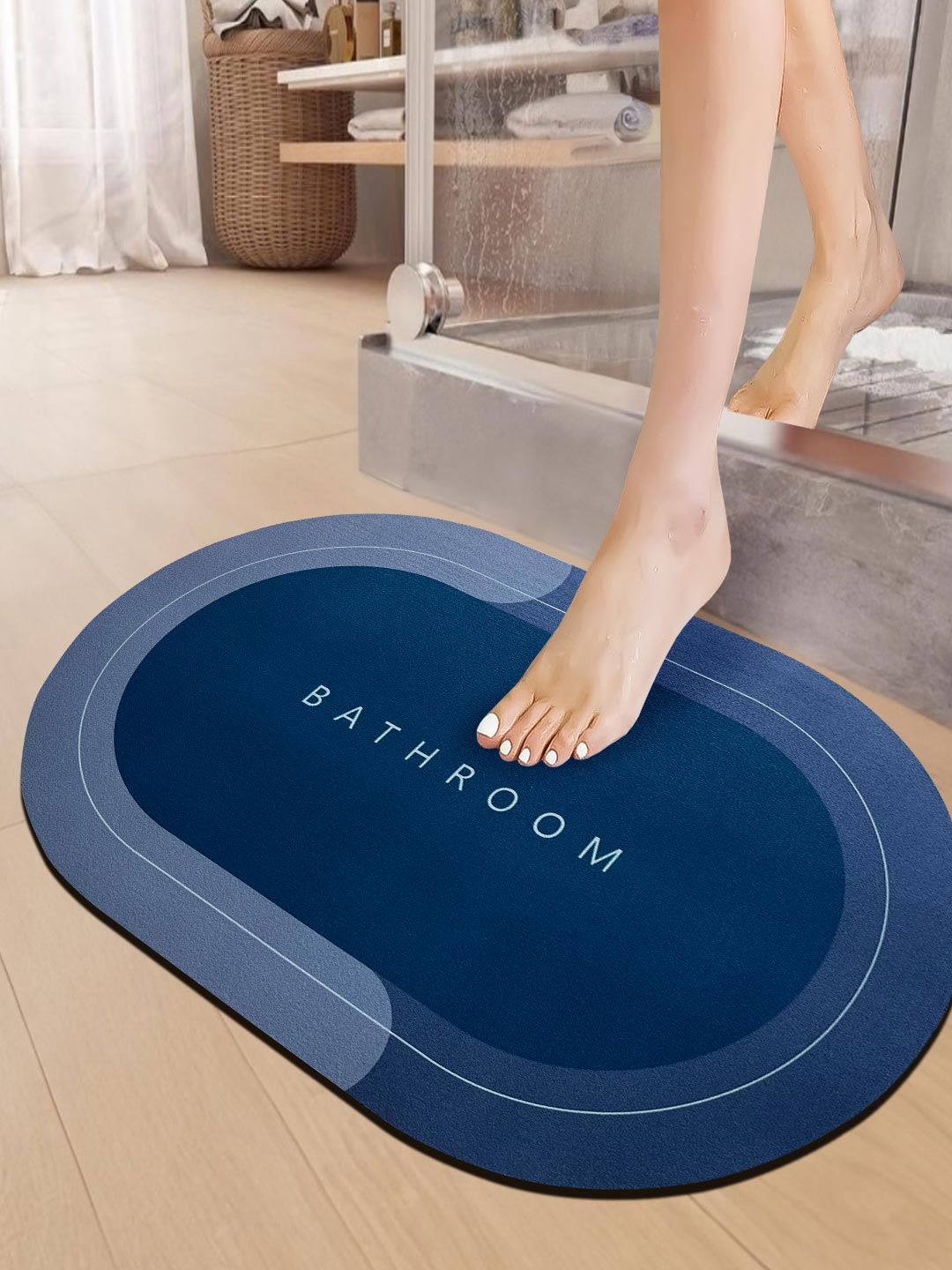 Sittella Blue & Grey Colourblocked Anti-Skid & Water Absorbent GSM 110 Bath Rug