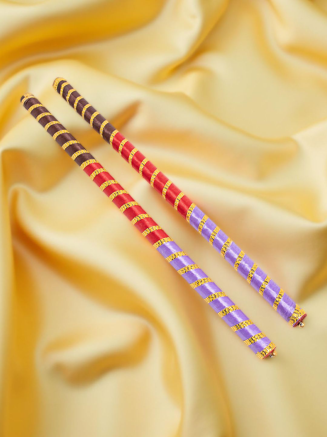 Golden Peacock Set Of 2 Dandiya Sticks With Satin Wrap