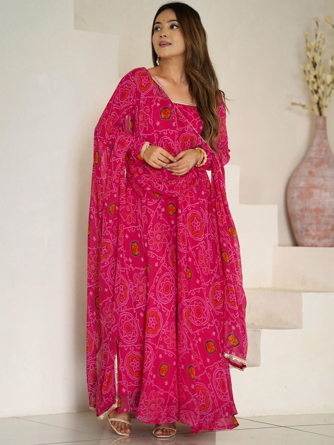 SAJAVAT ETHENIC WEAR Women Bandhani Printed Anarkali Kurta with Pyjamas & Dupatta