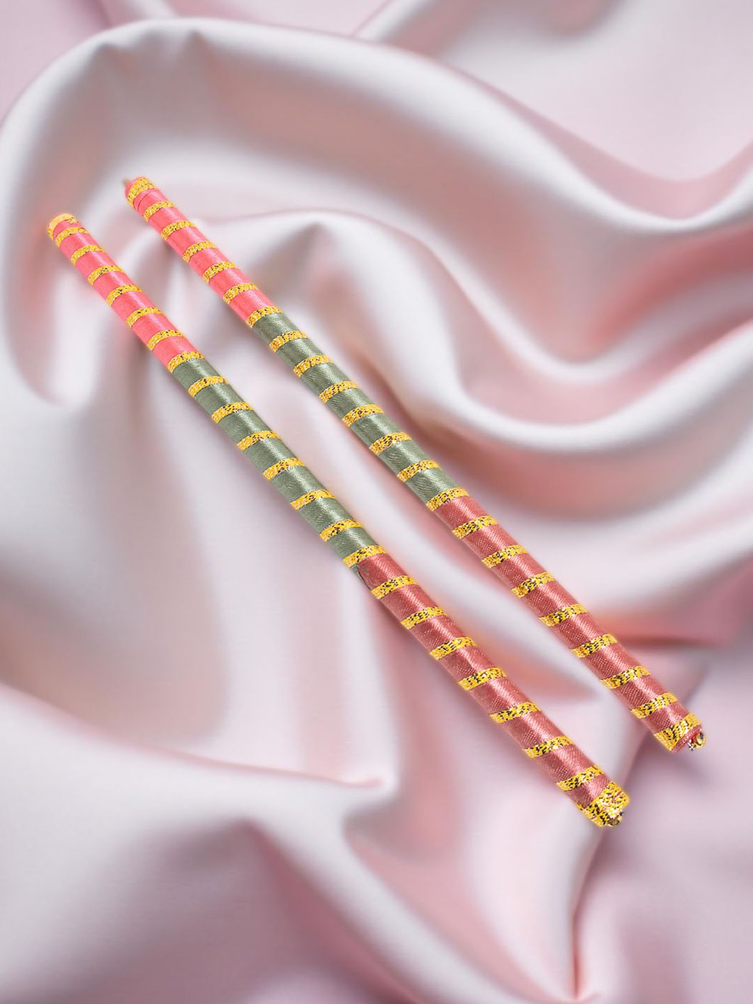 Golden Peacock Set Of 2 Dandiya Sticks With Satin Wrap
